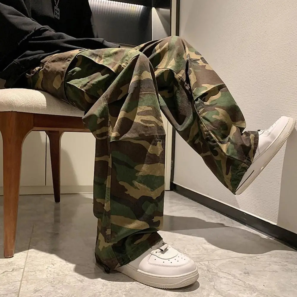 Straight Men Wide Leg Pants Camouflage Jogging Trousers Drawstring Elastic Waist Wide Male Casual Pants Vintage Cargo Pants 241112