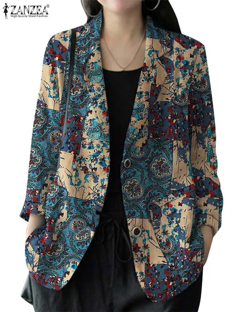 ZANZEA long sleeved womens casual jacket with retro print autumn commuting collar jacket elegant casual suit jacket 241111