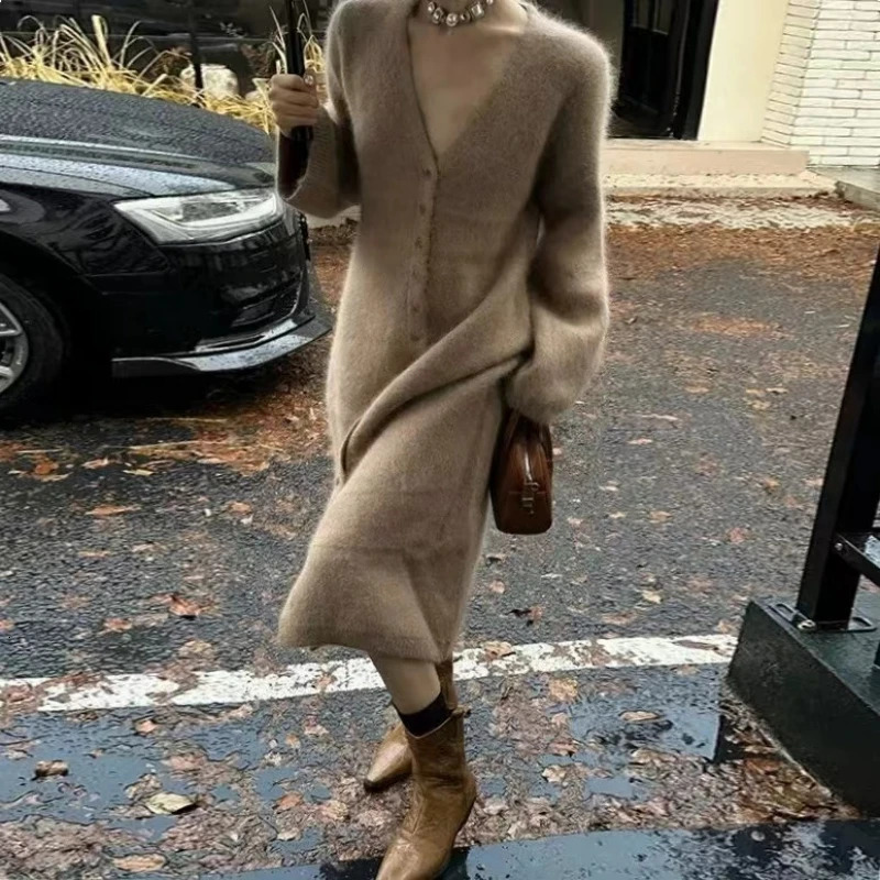 Limiguyue French Long Knit Cardigan Women High-end Mohair Sweater Jacket Fashion Runway V-neck Wool Knitwears Autumn Winter F569 241112