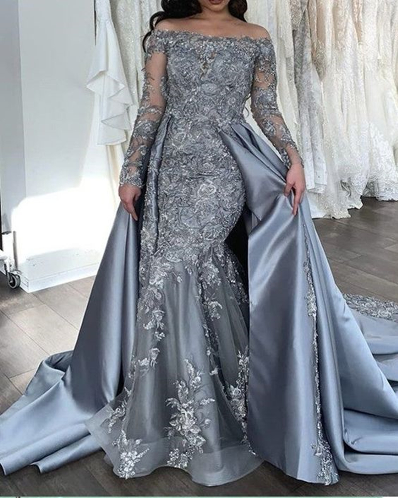 Bateau Neck Gray Mermaid Prom Dresses Long Sleeves With Detachable Skirt Lace Appliques Women Elegant Formal Wear Evening Gowns