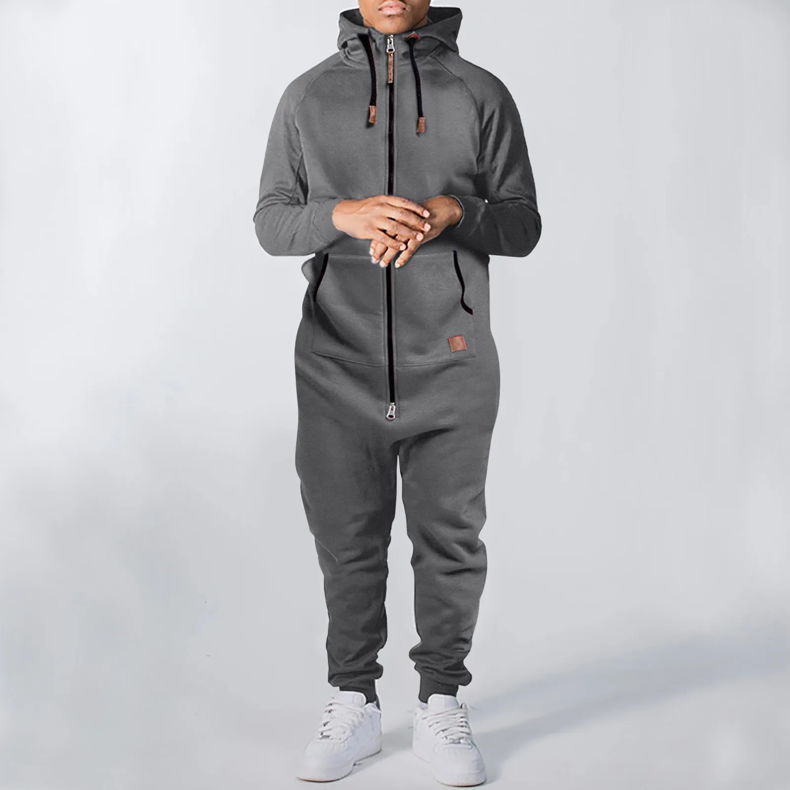 Mens Hooded Jumpsuit Warm Long Sleeve One Piece Zipper Hoodies Tracksuit Plus Size Loose Casual Sportwear Romper Male Suit 241111