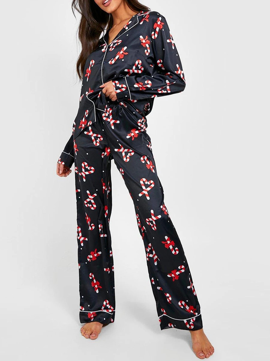 Women Christmas Pajamas Lounge Set Candy Cane Print Long Sleeve Shirts Tops and Pants 2 Piece Loungewear Outfits 241112