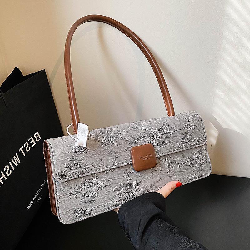 Square Printed Large Capacity Fashionable Canvas Stick Bag, Autumn and Winter Niche Retro One Shoulder Underarm Bag,