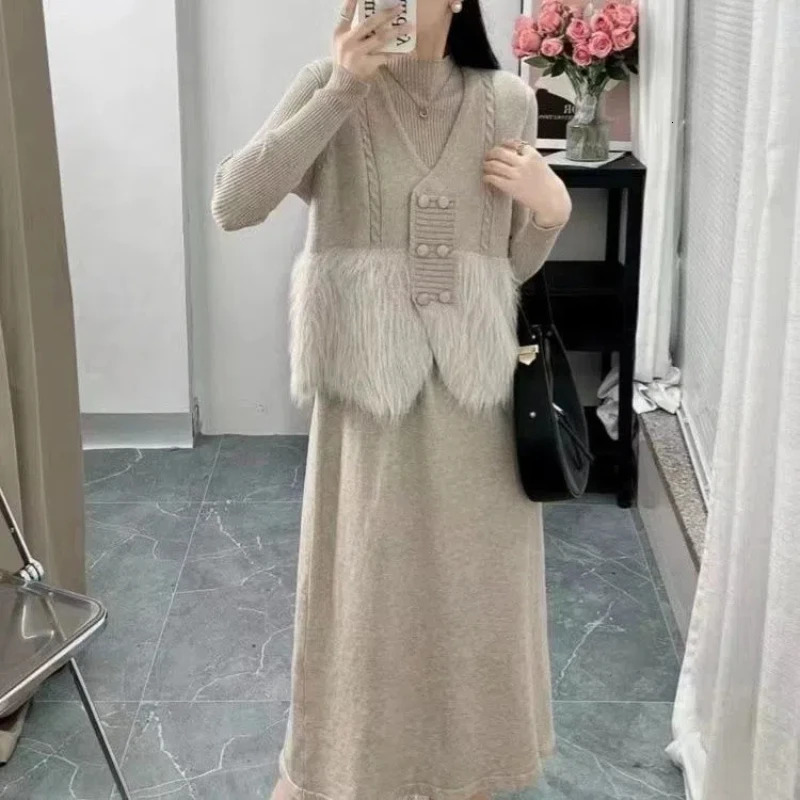 Vest Knitted Dress Two Piece Set Autumn/Winter Weight Loss Sweater Elegant Womens Wear Set 241112