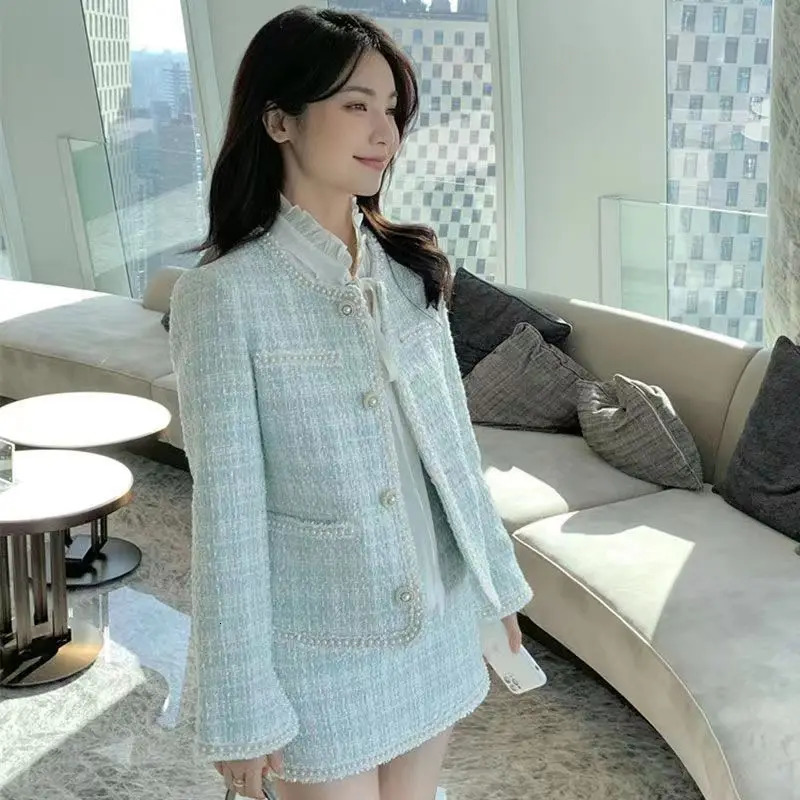 Korean perfume Blue Tufted Coat Bowknot Chiffon Shirt Lace Top Short Flat Shoes Faldas Elegant Office Womens Set 241112