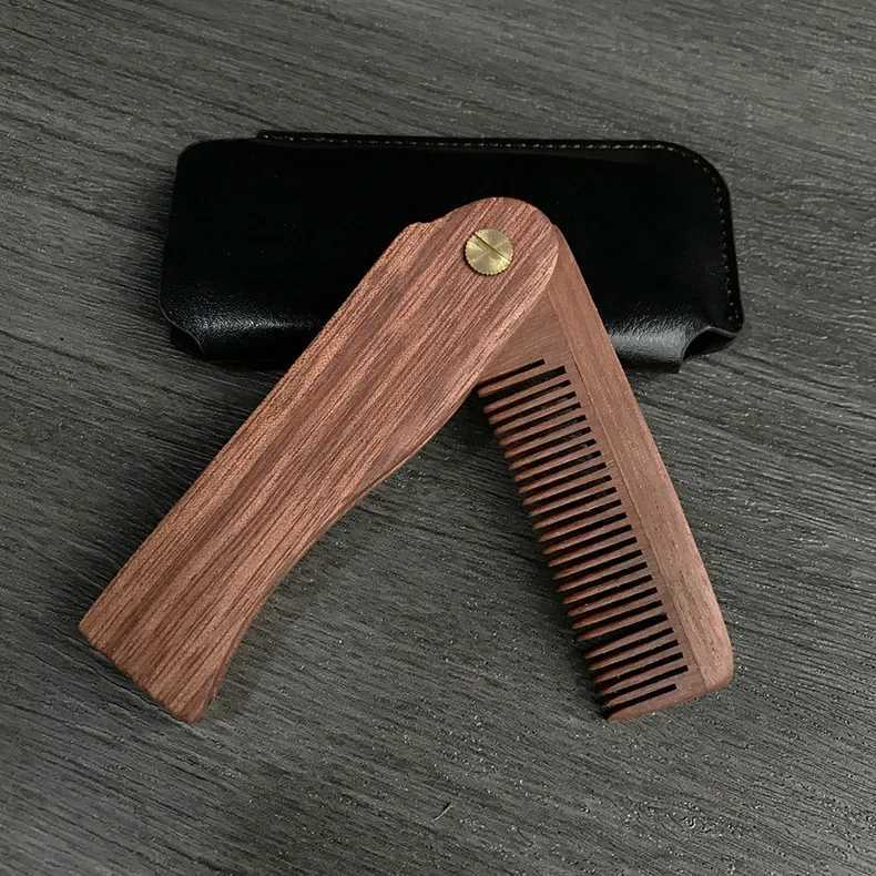 Foldable beard comb natural wood portable barber natural beard brush comb clipper facial cleaning and styling tool W241112