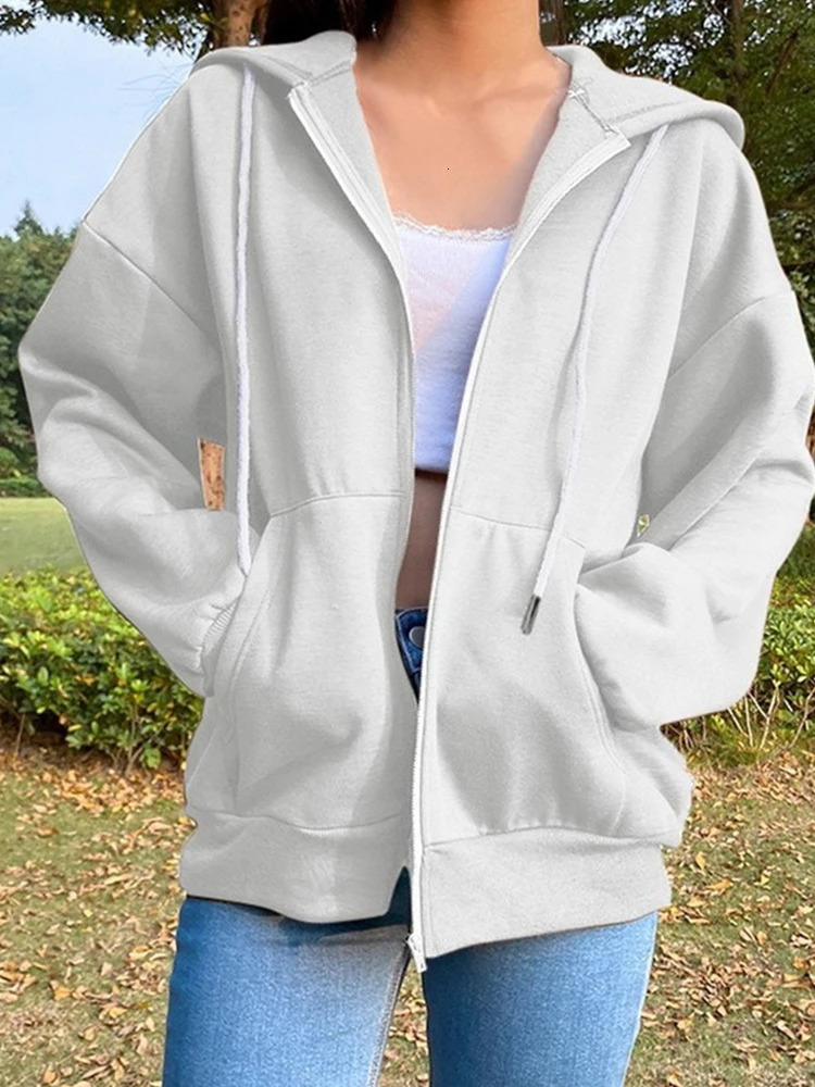 Zipper Hooded Drawstring Long Sleeve Womens Hoodies Solid Color Stylish Comfy Sweatshirt Autumn Black White Female Tops 241112