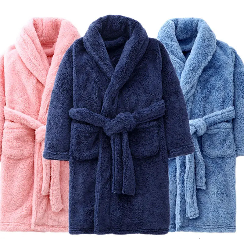 Winter Thicken Bathrobes for Kids Girls Flannel Warm Nightgown Teens Boys Bathing Robe Solid Color Night Robe Baby Dressing Gown 241112