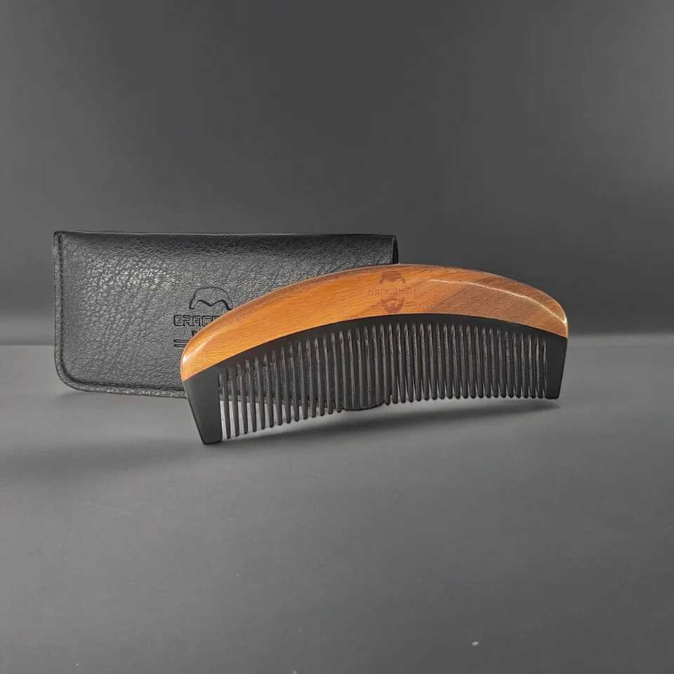 Elegant mens horn and sandalwood wood grain beard comb anti-static wood grain beard comb mens hair comb with PU leather W241112