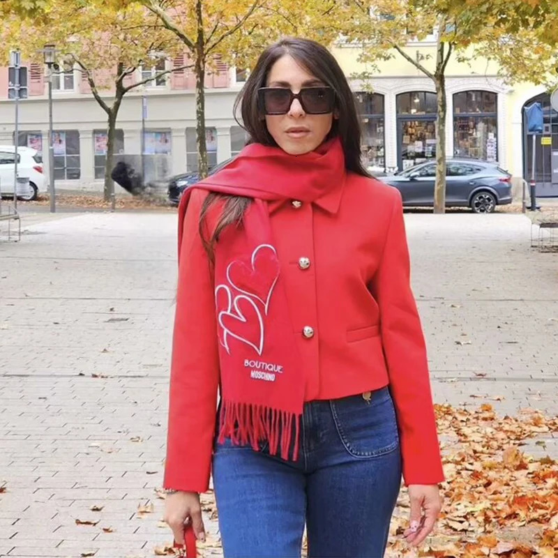 TRAF jacket autumn womens elegant red womens jacket street casual warm autumn long sleeved jacket 241111