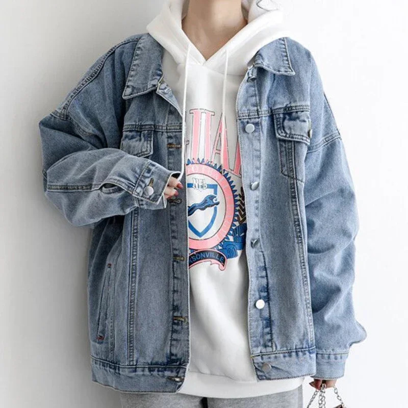 Retro denim shirt jacket casual loose jacket womens jeans jacket womens clothing 241112