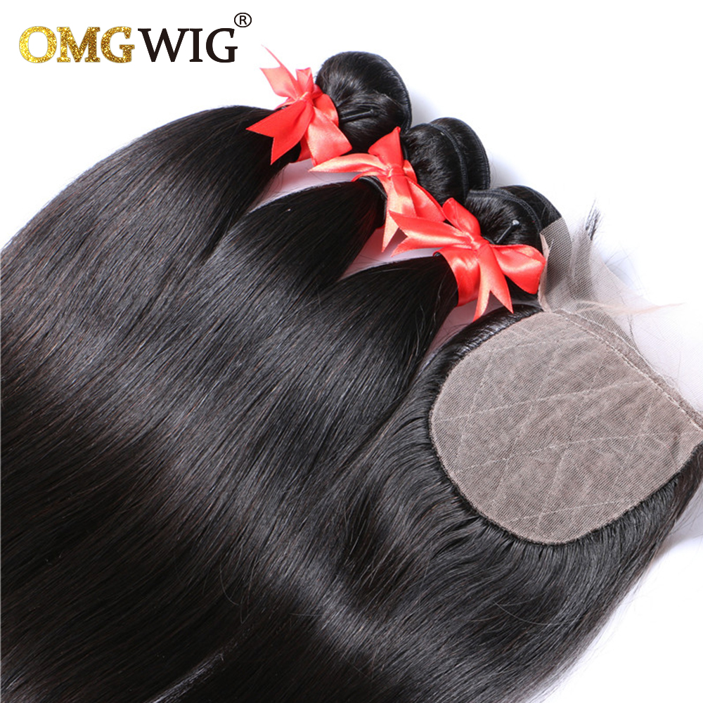 Natural Black Color Hair Bundles With 4x4 Base Closures Straight Brazilian Human Hair Free Part Bleached Knots Transparent Lace e2bf9