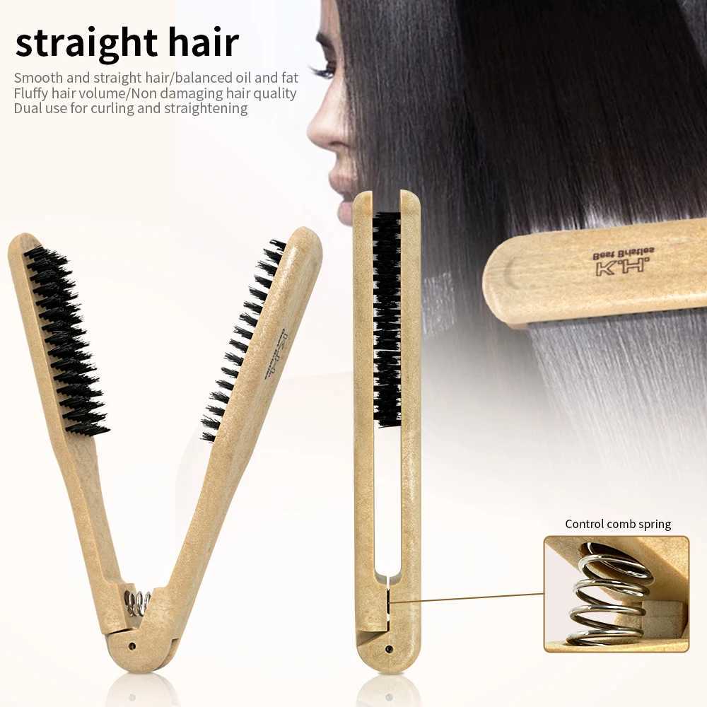 Professional hair salon wooden handle V-shaped straightener comb double brush comb anti-static styling tool W241112