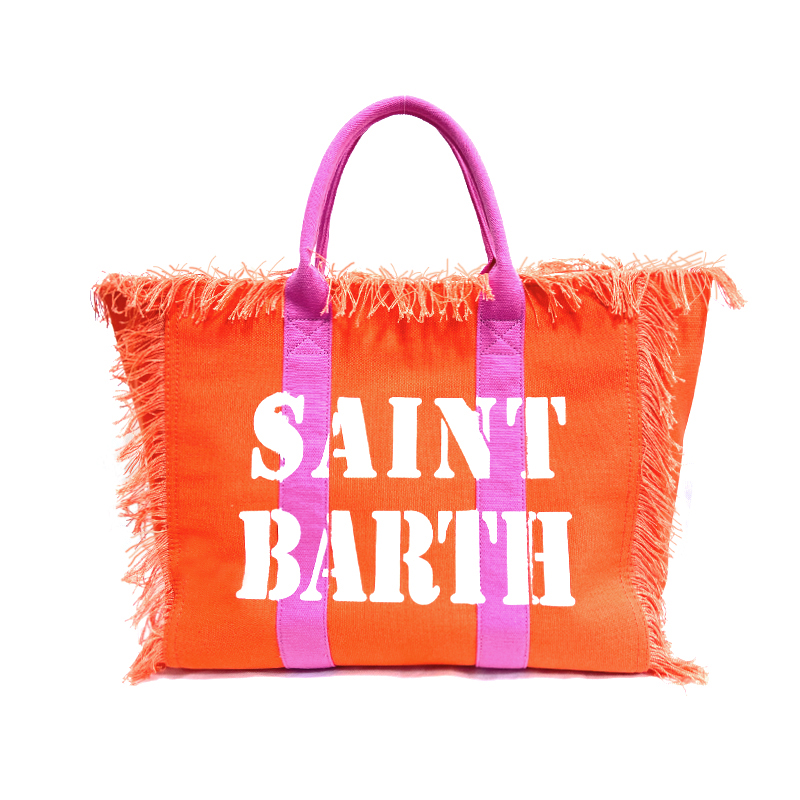 Saint Barth Brand Women Casual Tote Bag Tassel Luxury Canvas Beach Shoulder Bag Large Handbag Orange Solid with Rose Red Handles