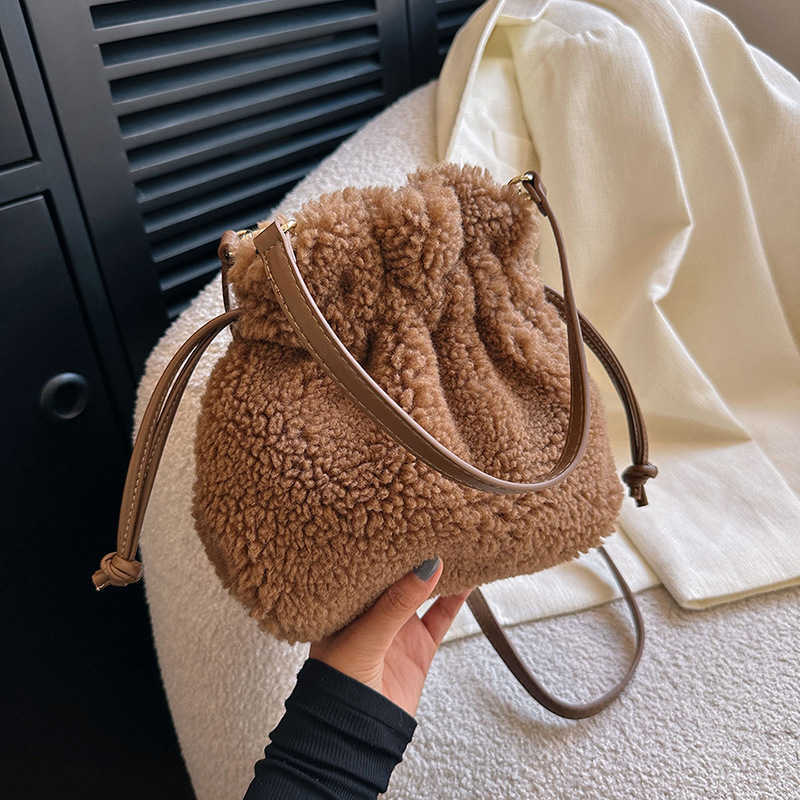 Lucky Bag Female Autumn Winter Lamb Wool Handheld Wallet Drawstring Diagonal Bucket Bags Shoulder Plush Bag Handbags 241112