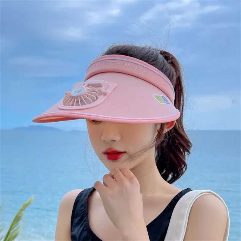 Visors Wide Brim Hats Bucket Hats Summer UV Protection Visor Women Beach Hat 3-speed Regulation Electric Fan Empty Top Hat Holiday Sunshade Bicycle Su