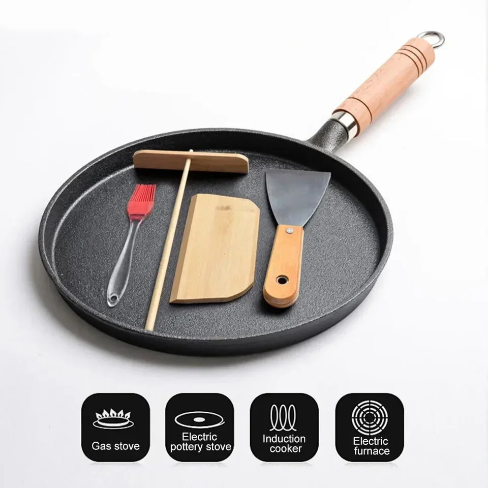 26cm Thickened Cast Iron Non-stick Frying Pan Cake Pancake Crepe Maker Flat Pan Fried Eggs Saucepan Kitchen Cookware 241111