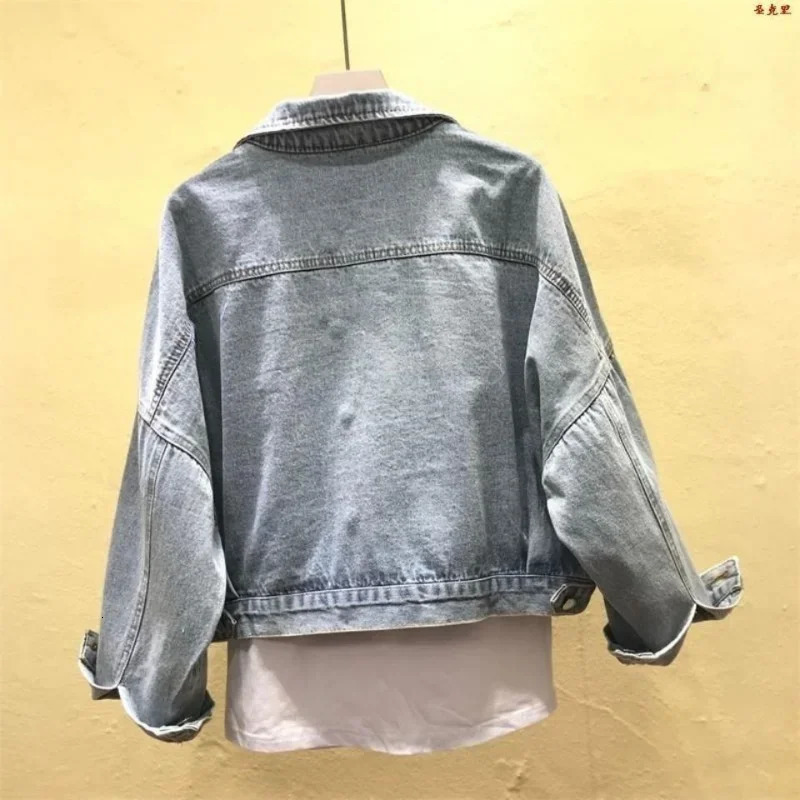 Womens denim jacket coat diamond rhinestone sequin small print womens jeans blue short spring autumn crop 241112