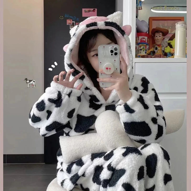 Cute denim hooded pajama set for women in autumn and winter Kawaii pajamas thickened coral velvet home wear casual wear 241112