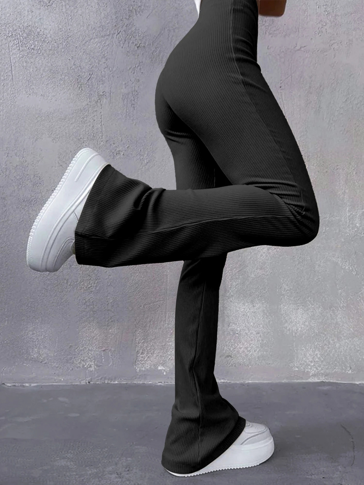 Womens Sexy Slim Pants Ribbed Solid Color High Waisted Flared Showing Longer Legs Allmatch Sports Long 241108