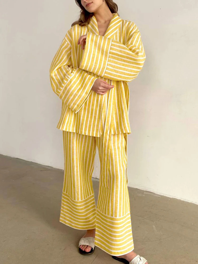 Casual yellow striped home set elegant high waisted wide pants set fashionable long sleeved shirt two-piece set pajamas set womens clothing set 241112