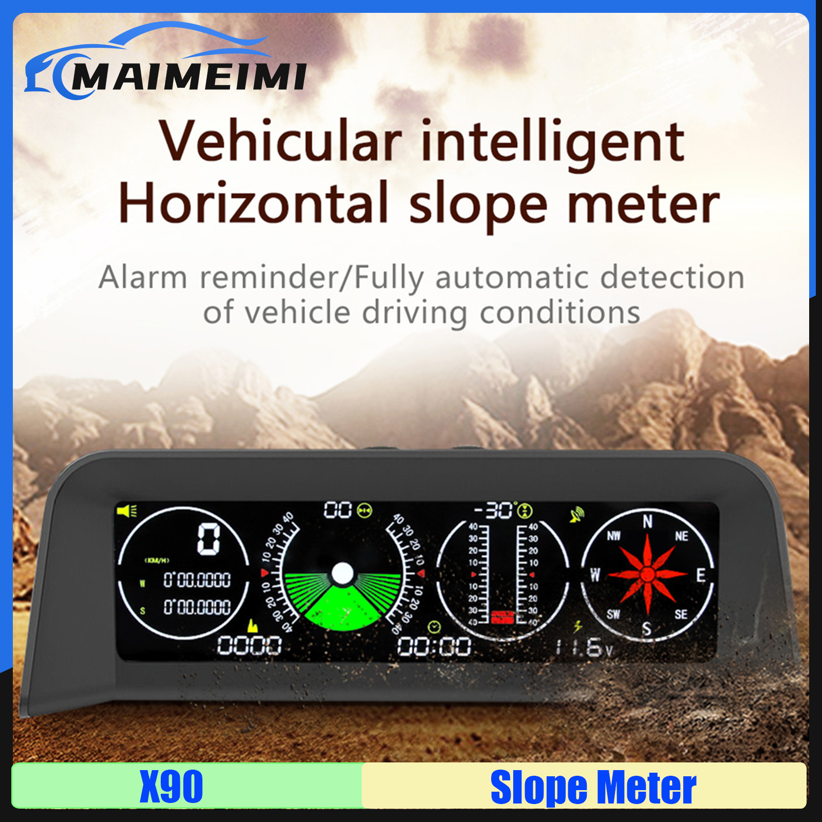 X90 Slope Meter Inclinometer Car Altitude GPS Speedometer HUD Pitch Tilt Angle Protractor Clock Latitude Longitude Campass 5e4e1