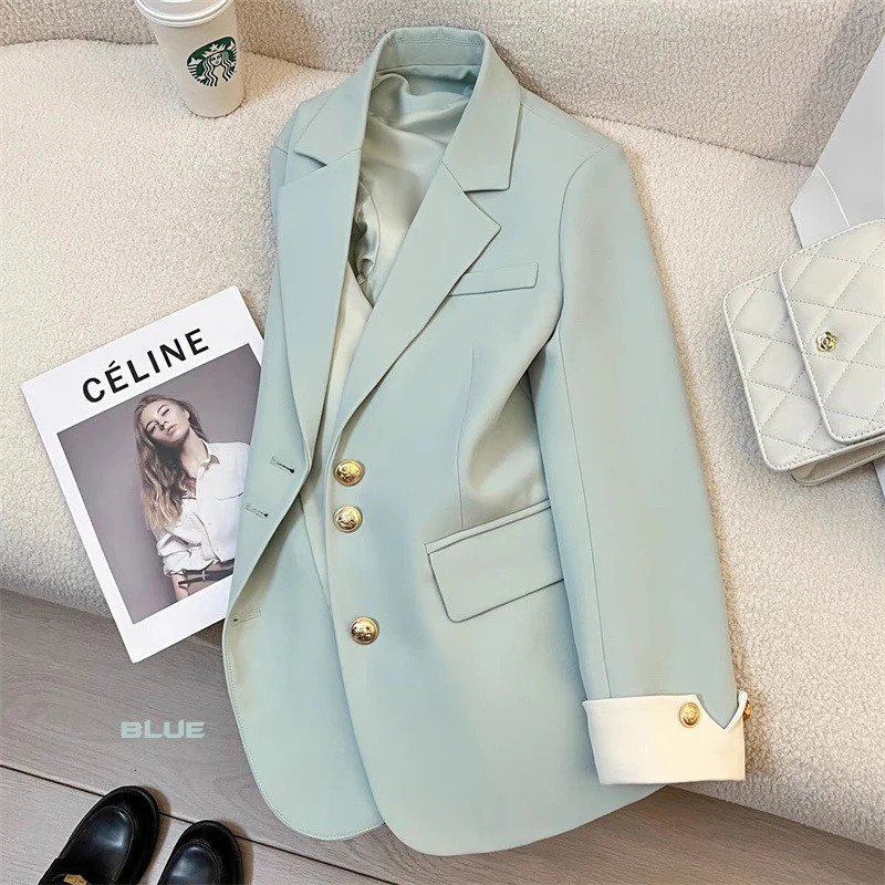 Elegant Office Patchwork Blazer Coat Women Loose Lapel Long Sleeve Button Suits Early Autumn Fashion Female Outwears 241112