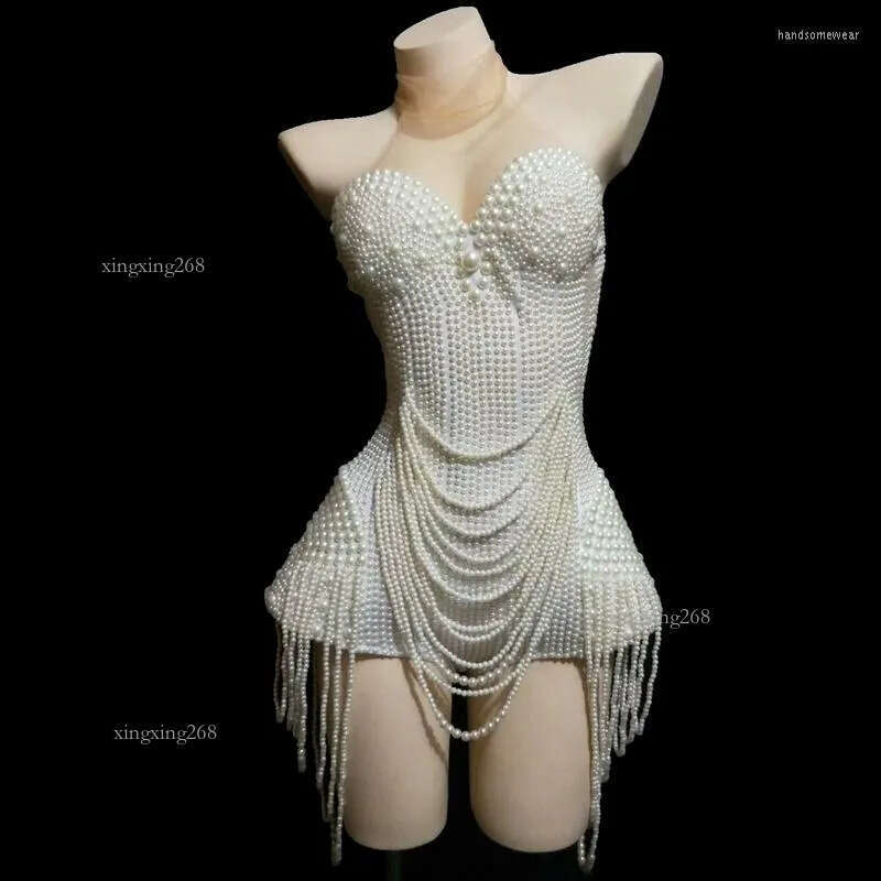 Stage Wear White Pearls Beading Bodysuit Jazz Dance Costume Evening Nightclub Bar Show Prom Birthday Outfit Women Clothes