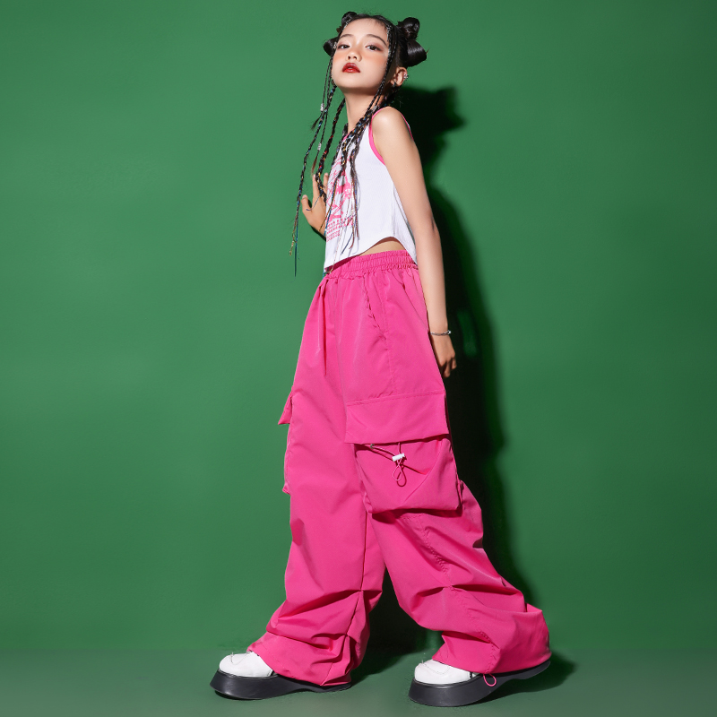 Girls Hip Hop Rose Pink Cargo Pants Teenage Crop Tops Vest Street Dance Joggers Children Streetwear Kids Jazz Clothes Sets