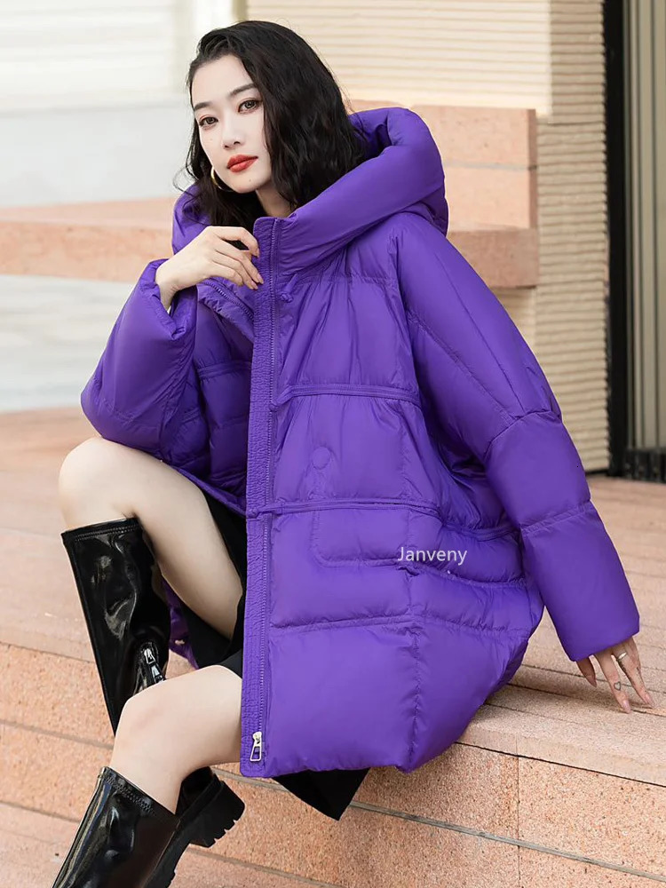 Janveny 90% White Duck Down Jacket Women Hooded Autumn Winter Warm Plus Size Puffer Coat Oversize Casual Loose Female Parkas 241111