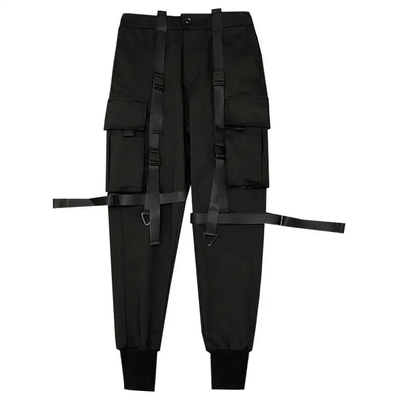 Spring Men Black Cargo Pants Ribbon Pocket Trousers Male Japanese Streetwear Hip Hop Harajuku Fashion Harem 241112
