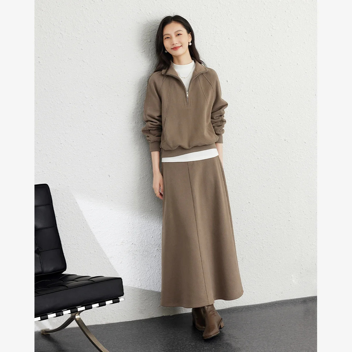 Vimly Sports Sweater Skirt 2-piece Set for Womens Office Womens Autumn/Winter Casual Zipper Top Elastic Waist Skirt Set 241112