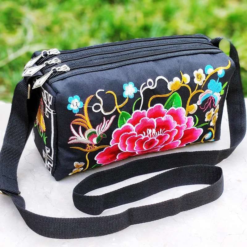 2024 New Ethnic Style Embroidery Bag Three Zipper Double Sided Women Shoulder Crossbody Bag Handbags for Women Bolso Mujer