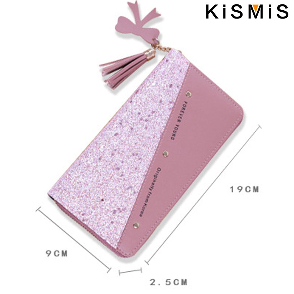 KISMIS New Long Women's Zipper Wallet - Korean Splicing, Color Contrast, Tassel, and Rivet Details