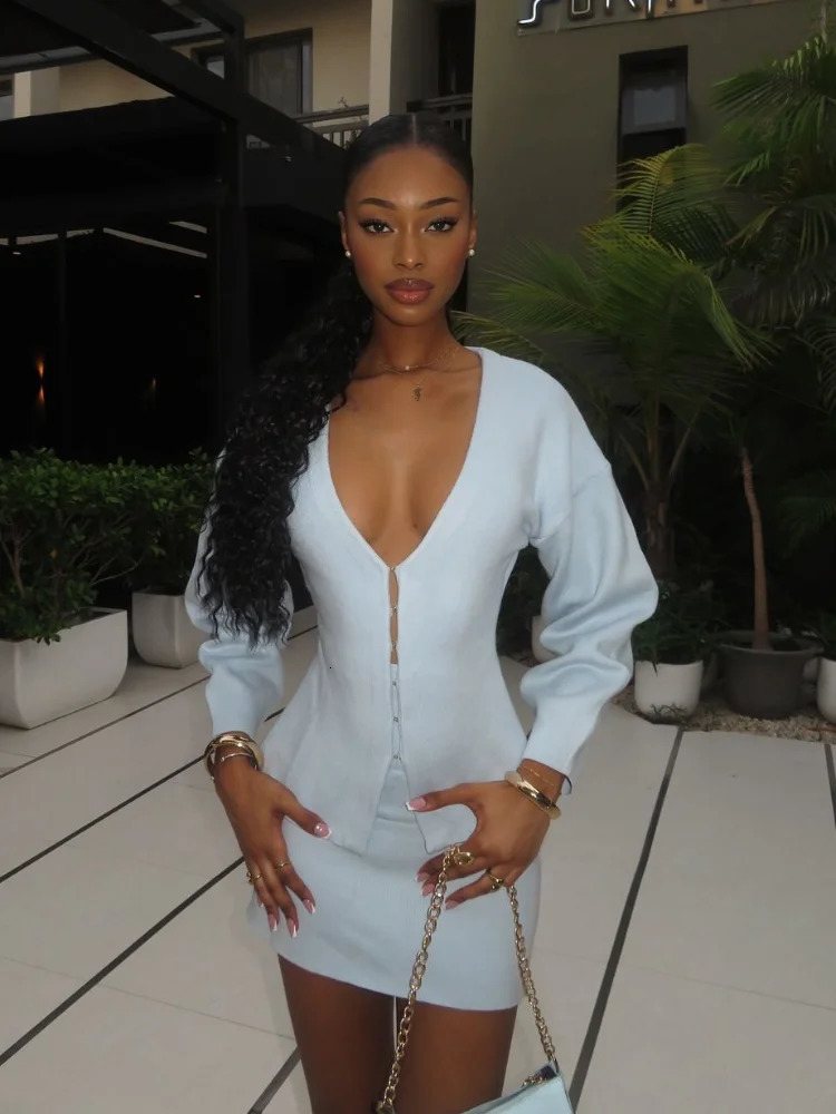 Womens Fashion Deep V Metal Ring Buckle Open Skirt Set Elegant High Waist A-line Short Leather Set Womens Winter Knitted 2-piece Set 241112