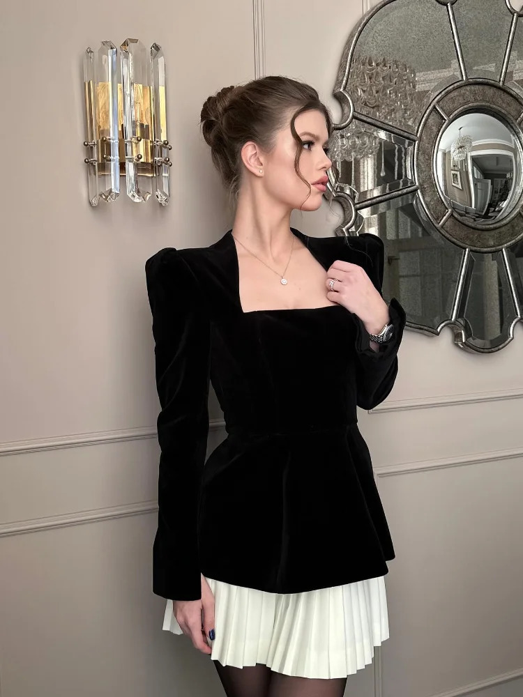 Elegant black velvet long sleeved mini dress for women fashionable square neckline pleated patchwork high waisted dress for women chic short dress 241