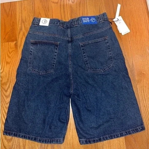 Harajuku Streetwear Polar Big Boy Dark Blue Jean Shorts Y2K Hip Hop Cartoon Graphic Embroidery Baggy Denim Gym Shorts Men 240409