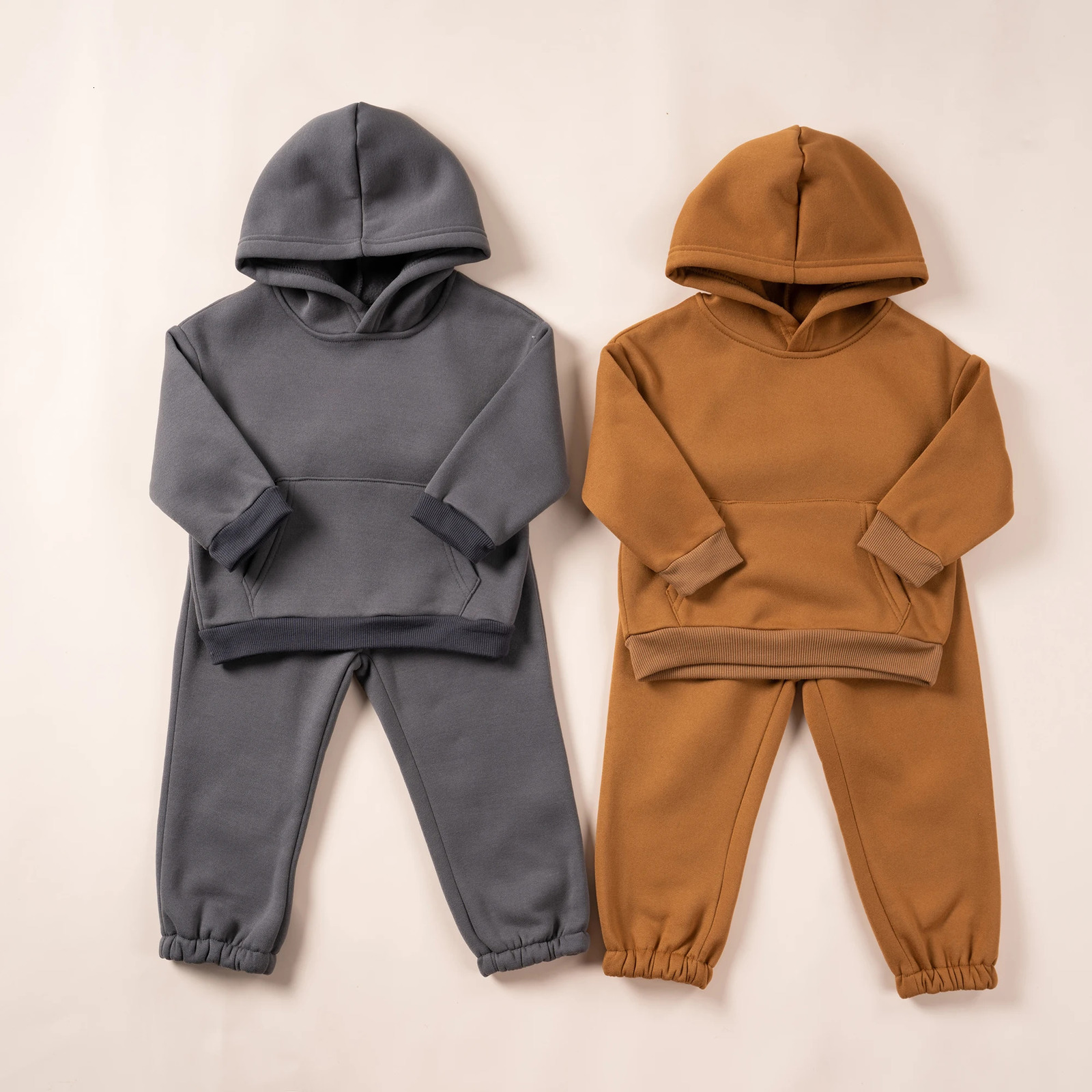 Winter Children Hooded Tracksuits Suits 0-6Y Toddler Boys Girls Clothing Suit Solid Plush Sweater and Sports Pants Set 241112