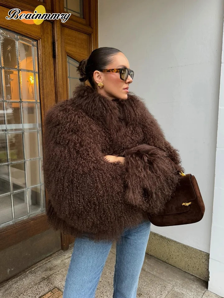 Womens fashionable solid thick faux fur coat elegant lapel long sleeved cut jacket womens casual high street jacket 241112