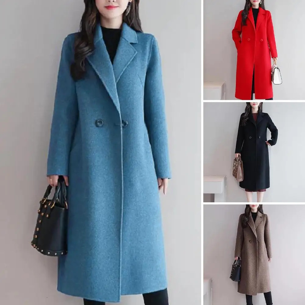 Women Autumn Winter Solid Color Woolen Coat Lapel Long Sleeve Two Buttons Pockets Midlength Cardigan Outwear 241108