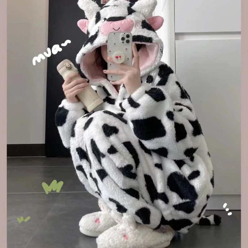 Cute denim hooded pajama set for women in autumn and winter Kawaii pajamas thickened coral velvet home wear casual wear 241112