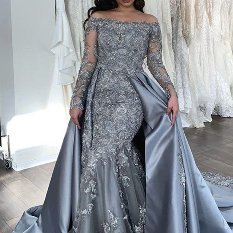 Bateau Neck Gray Mermaid Prom Dresses Long Sleeves With Detachable Skirt Lace Appliques Women Elegant Formal Wear Evening Gowns