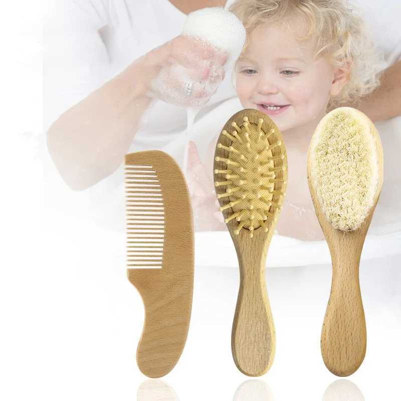 Portable baby wooden brush natural soft wool comb head care soft massage brush baby hair comb used for newborn bath products W241112