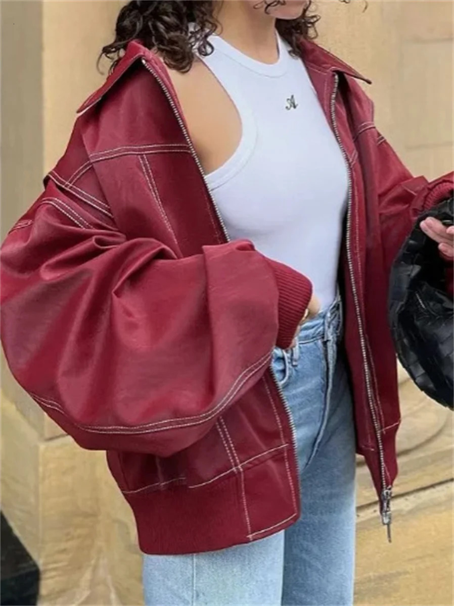 Womens Retro Solid Red Leather Splicing Zipper Jacket Casual Fashion Collar Long Sleeve Cool Jacket Womens Autumn Jacket 241111