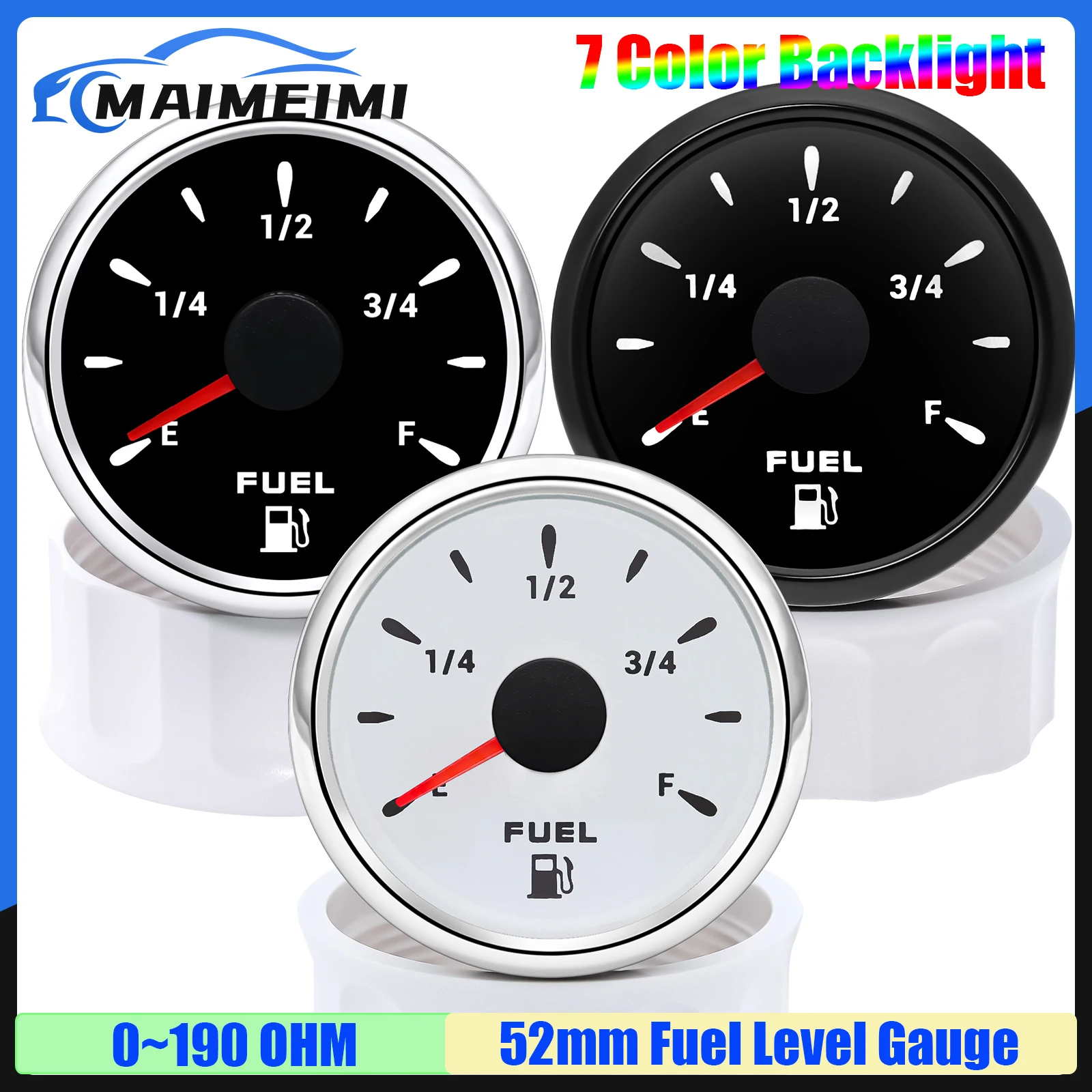 Waterproof IP67 Oil Tank Meter Indicator 7 Color Backlight 0-190 OHM 52mm Fuel Level Gauge for All Car Boat Yacht 12V 24V