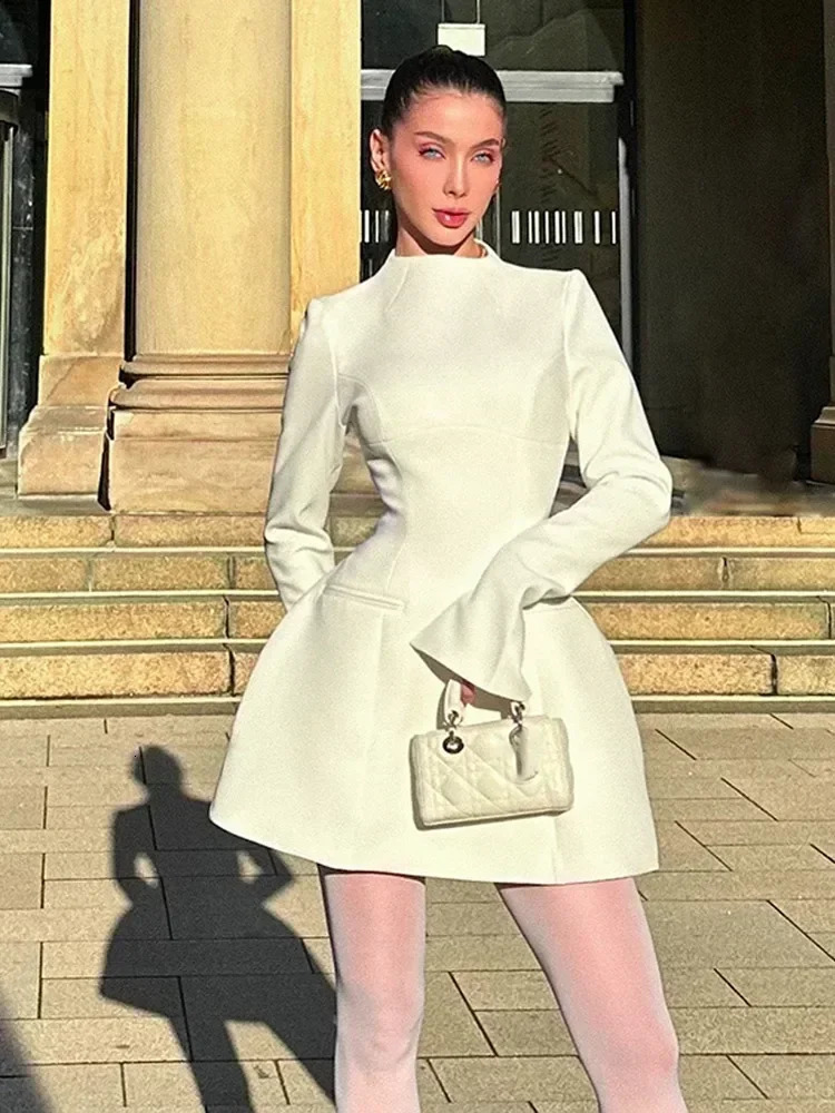 Solid backless half neck womens dress fashionable long sleeved high waisted A-line dress chic womens party club evening dress 241111
