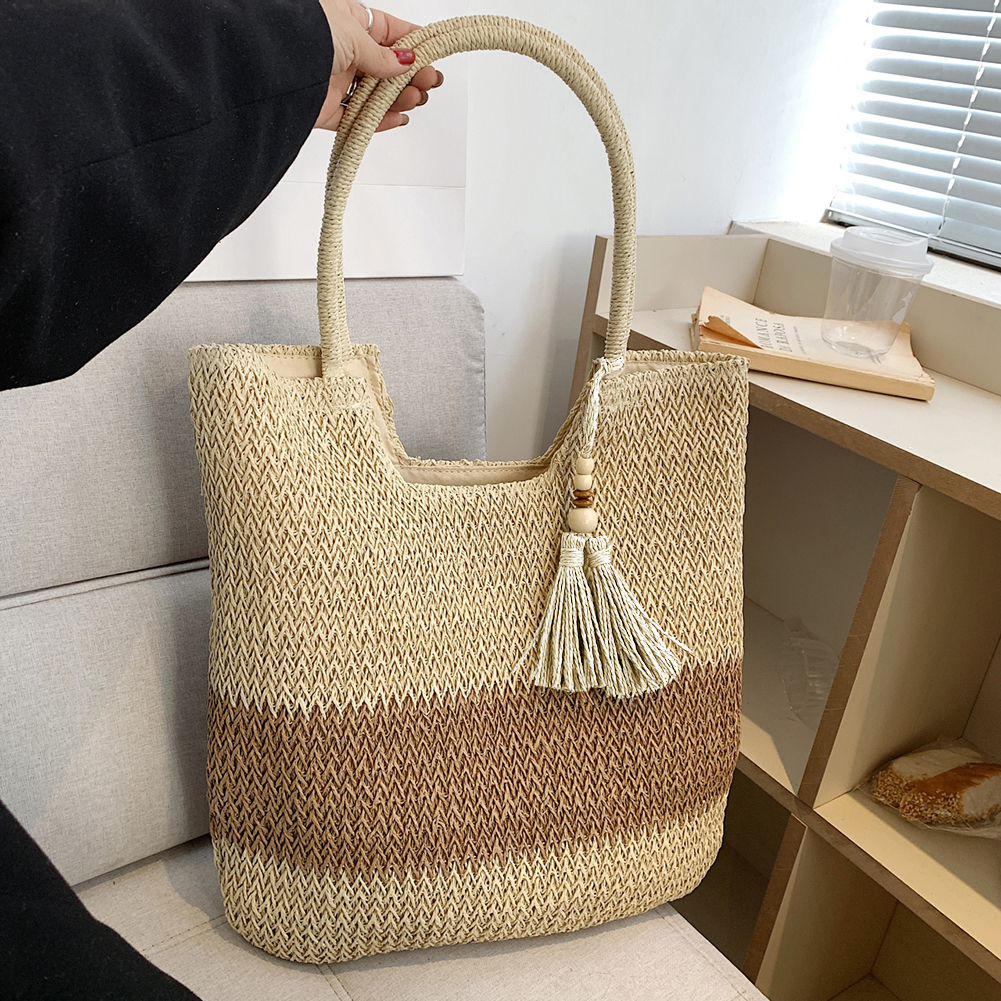 Summer Ladies Woven Tote Contrast Color with Tassels Casual Women Shoulder Bag Large-Capacity Top-handle Bag for Seaside Holiday