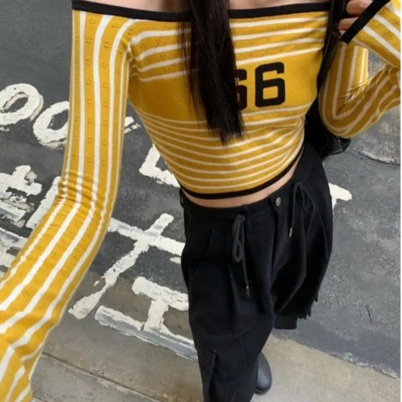 Tawaaiw striped knitted top long sleeved T-shirt womens clothing Korean fashion shoulder knitted autumn winter top T-shirt Y2k 241112