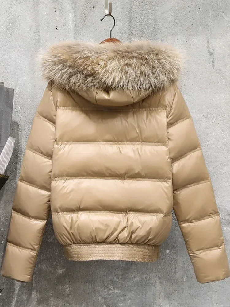 Fashion Big True Raccoon Fur Winter Coat Womens Hooded Short Warm Inflatable Jacket Waterproof Womens White Duck Down Park 241112