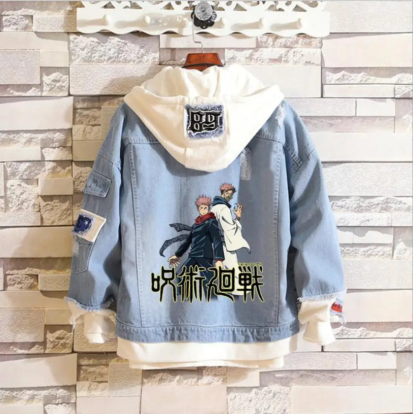 Anime Jujutsu Kaisen Men Jeans Jacket Gojo Satoru Print Casual Women Patchwork Denim Autumn Hooded Outwear Coat 241111